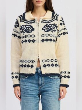 Jacquie the Label Remi Fair Isle Zip Cardigan Nordic Sweater Cream and Navy M
